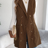 Women's Long Solid Colour Corduroy Gilet Jacket – Casual Double-Breasted Design with Pockets, Ideal for Layered Looks