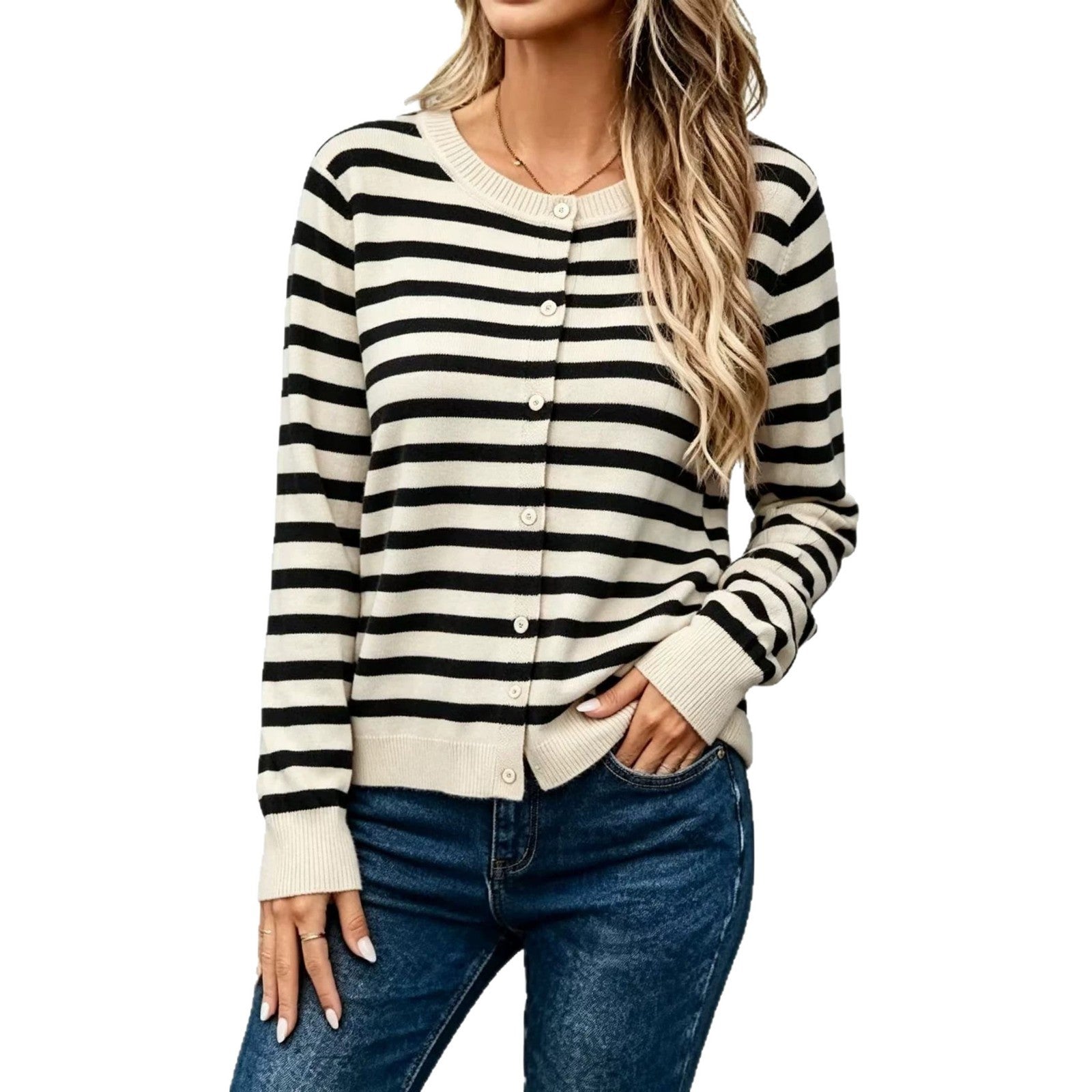 Women's Long Sleeve Striped Knit Cardigan – Casual, Comfortable, and Relaxed Fit