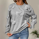 Soft Women's Sweater with Sewn Knot – Casual Grey Round Neck Sweatshirt
