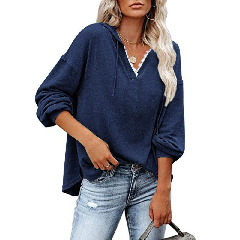 Women's V-neck lace hoodie sweatshirt with long sleeves