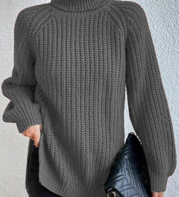 Turtleneck sweater for women with raglan sleeves and split hem