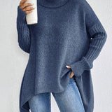 Irregular Turtleneck Sweater for Women – Loose Knitted Sweater with Long Sleeves