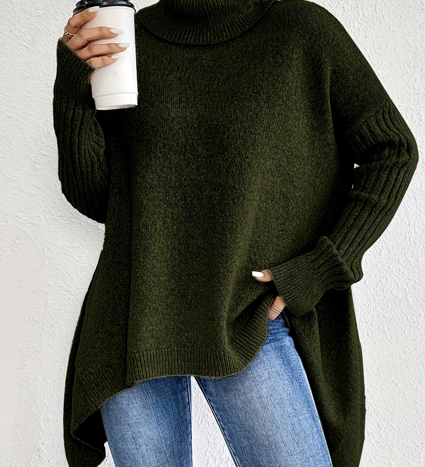 Irregular Turtleneck Sweater for Women – Loose Knitted Sweater with Long Sleeves