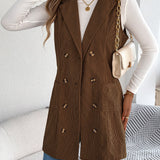 Women's Long Solid Colour Corduroy Gilet Jacket – Casual Double-Breasted Design with Pockets, Ideal for Layered Looks