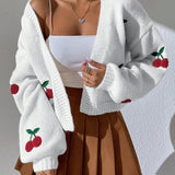 Women's Cherry Embroidered Knitted Cardigan - Casual Long Sleeve