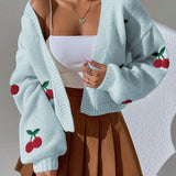 Women's Cherry Embroidered Knitted Cardigan - Casual Long Sleeve