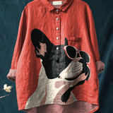 Samantha | Decorative pattern of a French bulldog wearing glasses on a red background, everyday shirt