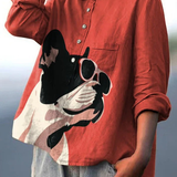 Samantha | Decorative pattern of a French bulldog wearing glasses on a red background, everyday shirt