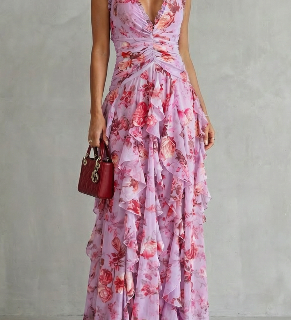 Belladina | Romantic Cascading Rose Maxi Dress with American Neckline