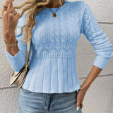 Elegant Ribbed Sweater with Peplum for Women – Thick Knit Round Neck