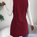 Women's Long Solid Colour Corduroy Gilet Jacket – Casual Double-Breasted Design with Pockets, Ideal for Layered Looks