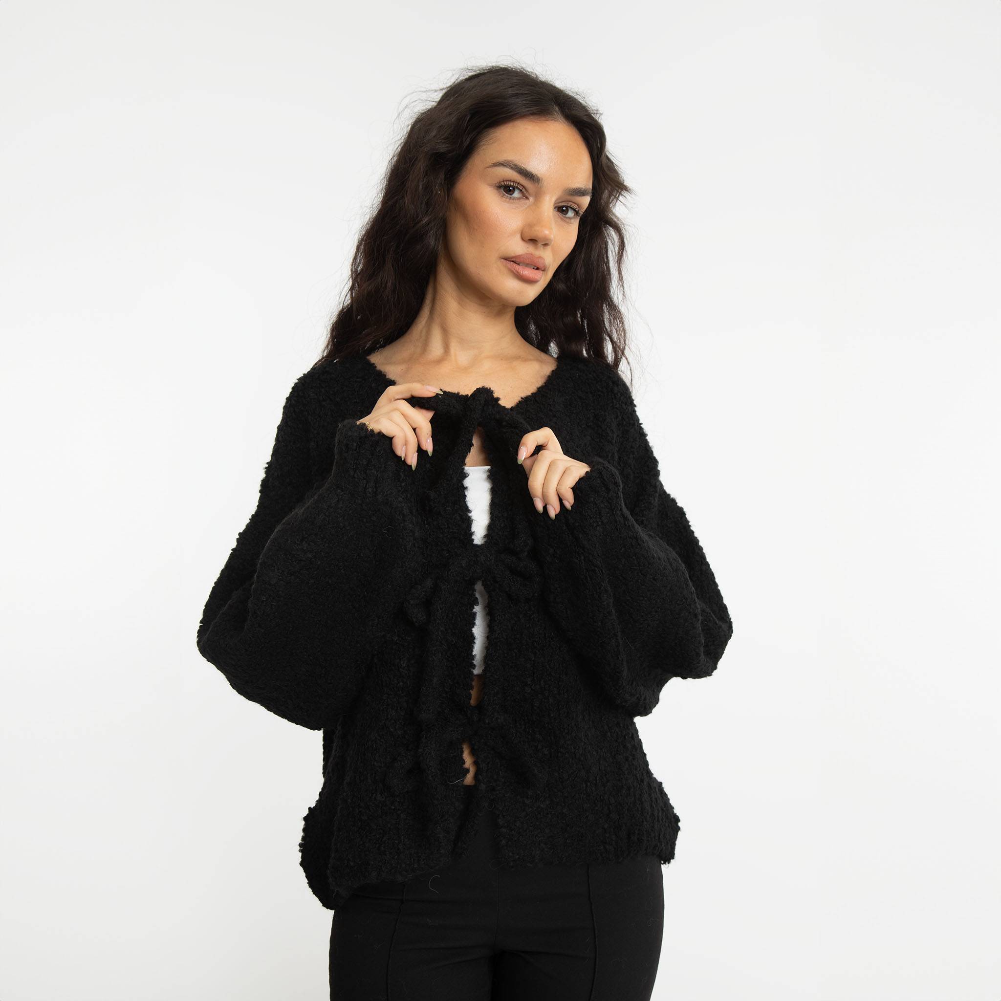 Bouclé Oversized Cardigan with Ties