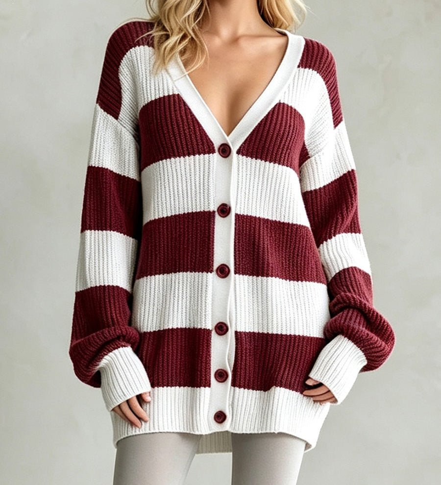 Women's striped knitted cardigan coat - Soft and comfortable