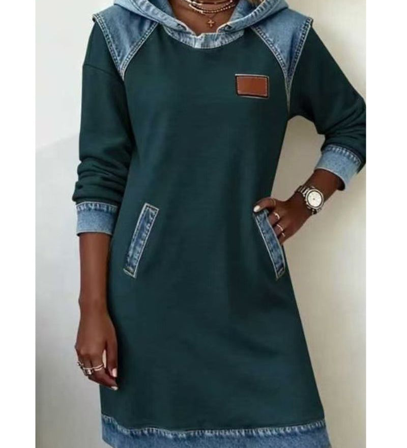 Irena - Hooded Sweat Dress with Denim Effect