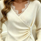 Elegant Fine Knit Top with V-Neck for Women – Asymmetrical Knot Blouse with Lace Trim