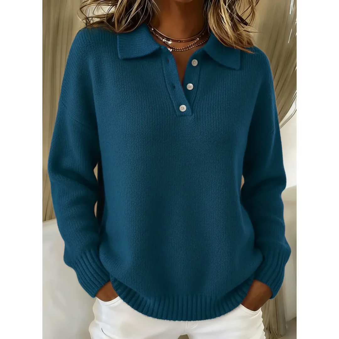 Loose-Fitting Women's Knit Sweater – Classic Collar Long Sleeves Polo Shirt