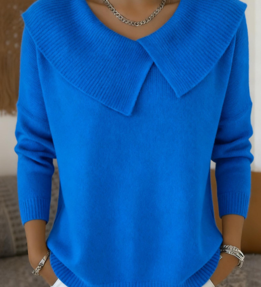 Ribbed Collar Knitted Sweater for Women – Elegant Long Sleeve Sweater