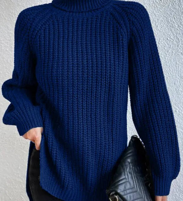 Turtleneck sweater for women with raglan sleeves and split hem