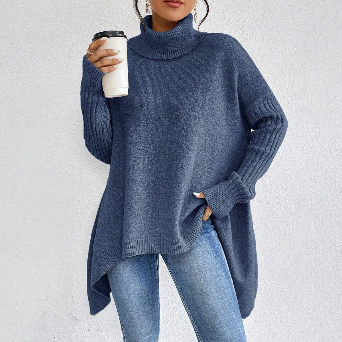 Irregular Turtleneck Sweater for Women – Loose Knitted Sweater with Long Sleeves