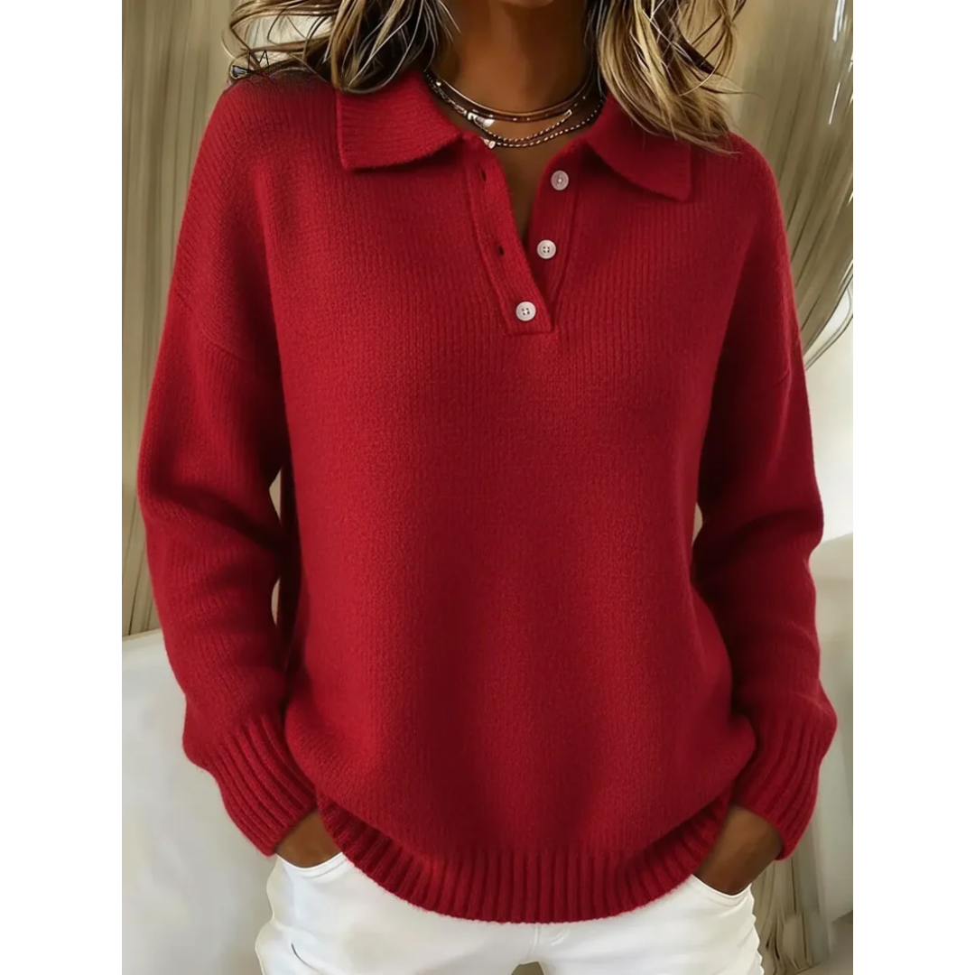 Loose-Fitting Women's Knit Sweater – Classic Collar Long Sleeves Polo Shirt