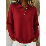 Loose-Fitting Women's Knit Sweater – Classic Collar Long Sleeves Polo Shirt