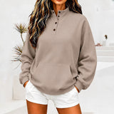 Casual button-up women's sweatshirt with a stand collar - Loose and comfortable