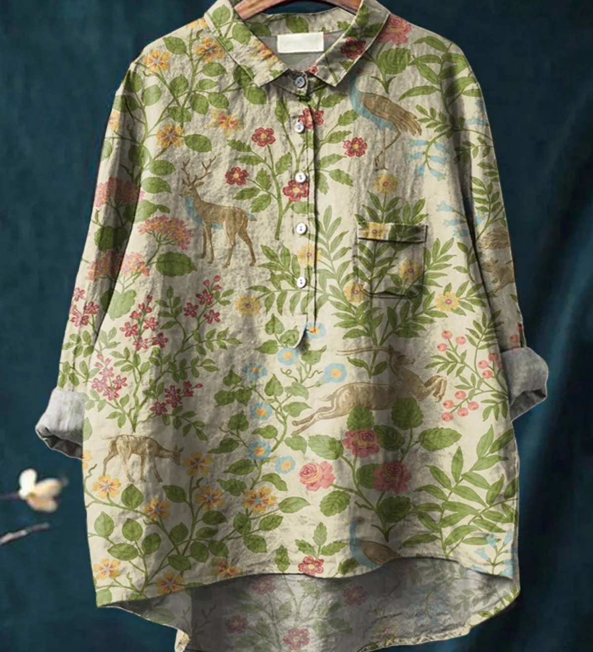 Calista | Women's Vintage Floral Animal Art Print Natural Shirt