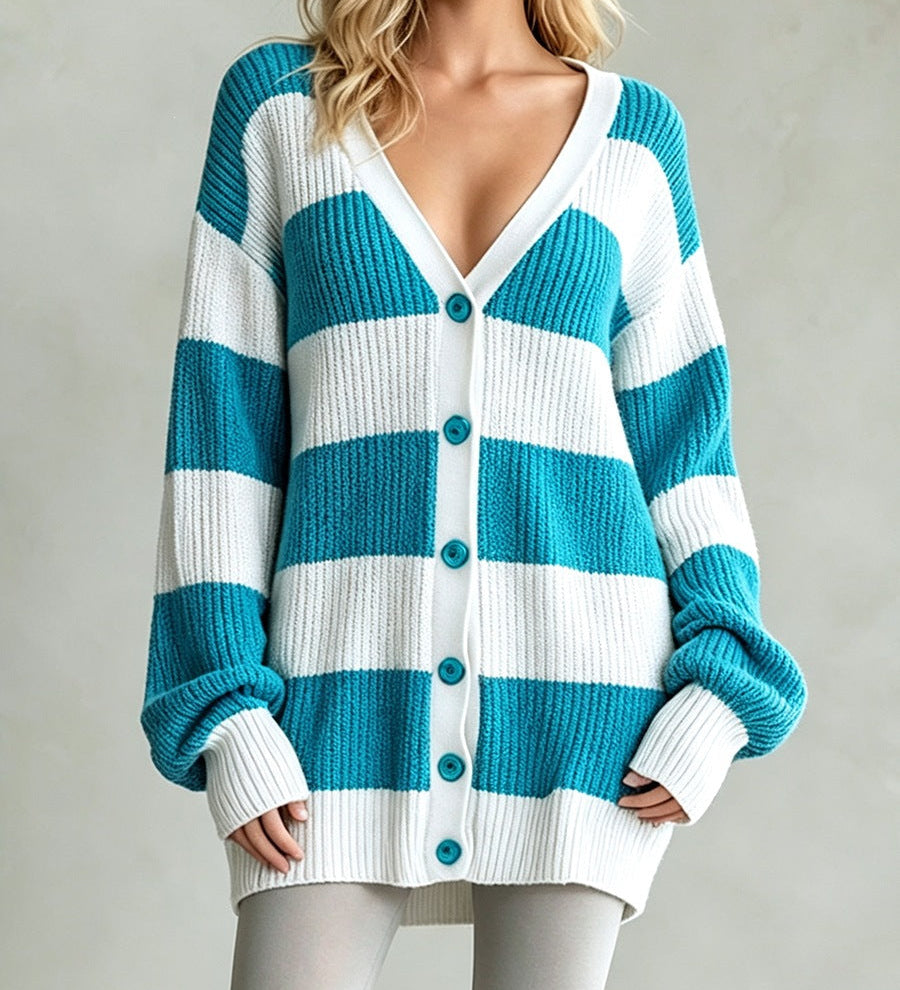 Women's striped knitted cardigan coat - Soft and comfortable