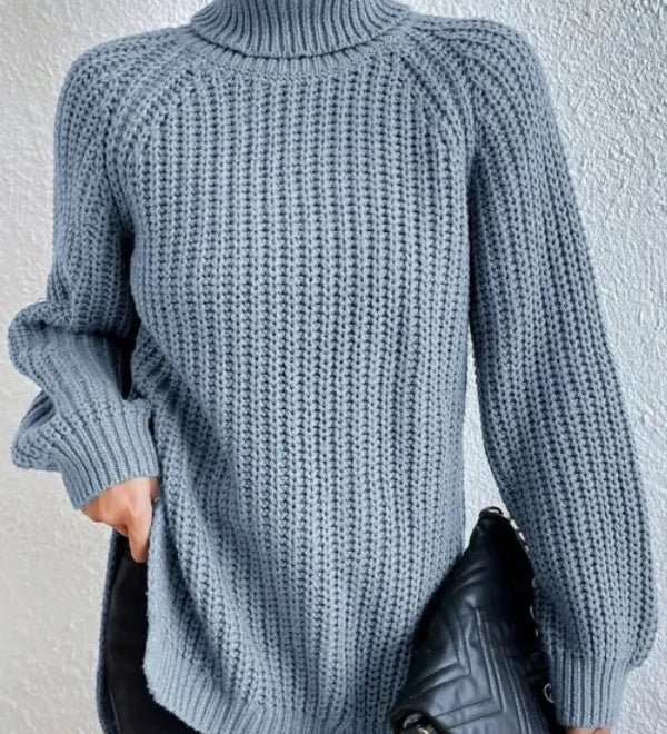 Turtleneck sweater for women with raglan sleeves and split hem