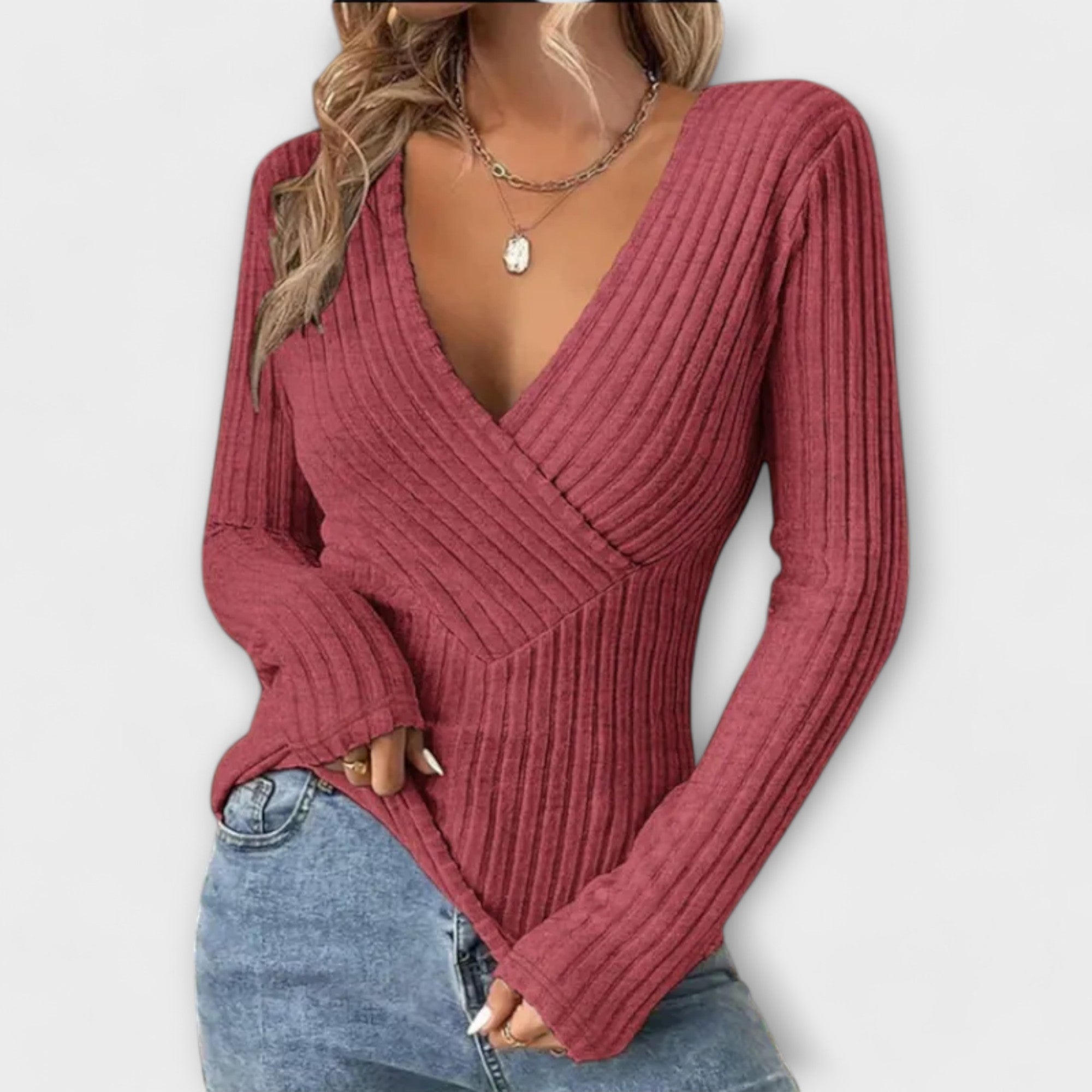 Women's V-Neck Twist Pullover – Ribbed Knit with Long Surplice Sleeves