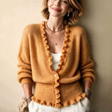 Women's cardigan with V-neck and frill hem - Soft and feminine