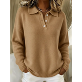 Loose-Fitting Women's Knit Sweater – Classic Collar Long Sleeves Polo Shirt