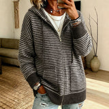 Women's striped cardigan with hood - Soft and casual