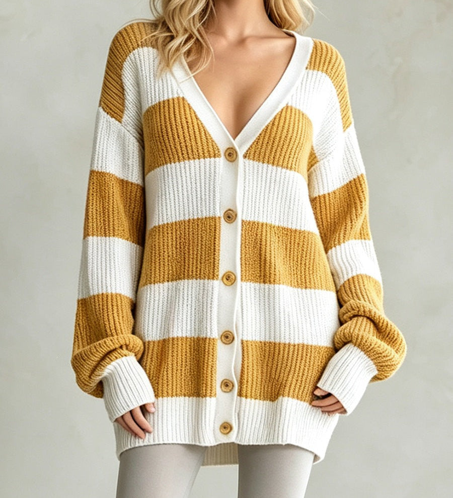 Women's striped knitted cardigan coat - Soft and comfortable