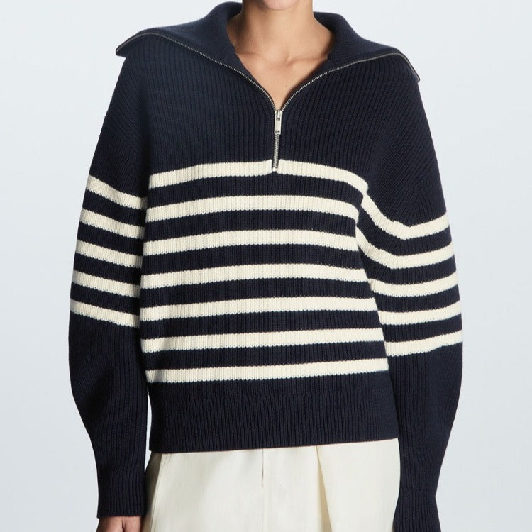 Women's Striped Half-Zip Sweater – Long Sleeves, Casual and Comfortable Style for Autumn and Winter