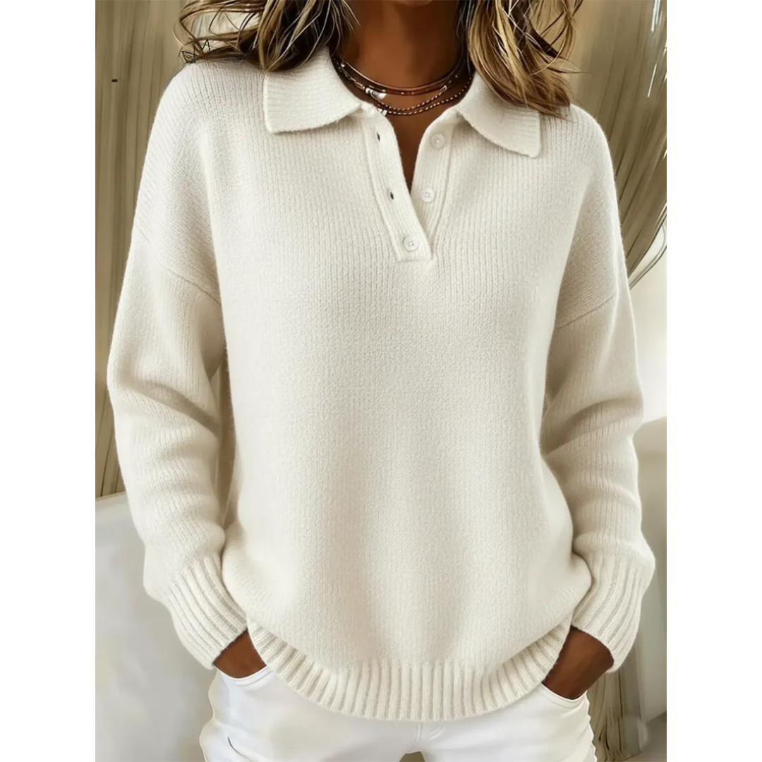 Loose-Fitting Women's Knit Sweater – Classic Collar Long Sleeves Polo Shirt
