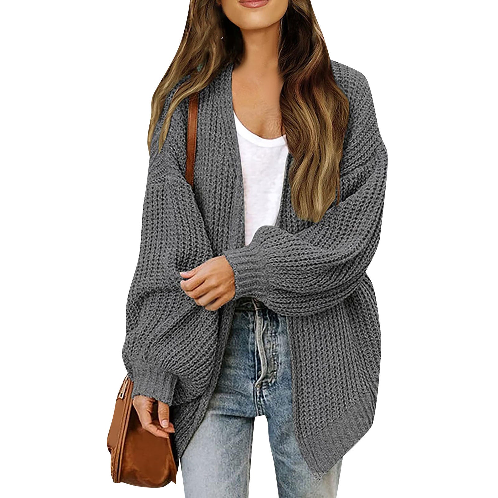 Women's Chunky Knit Cardigan – Oversized Wrap Style with Lantern Sleeves