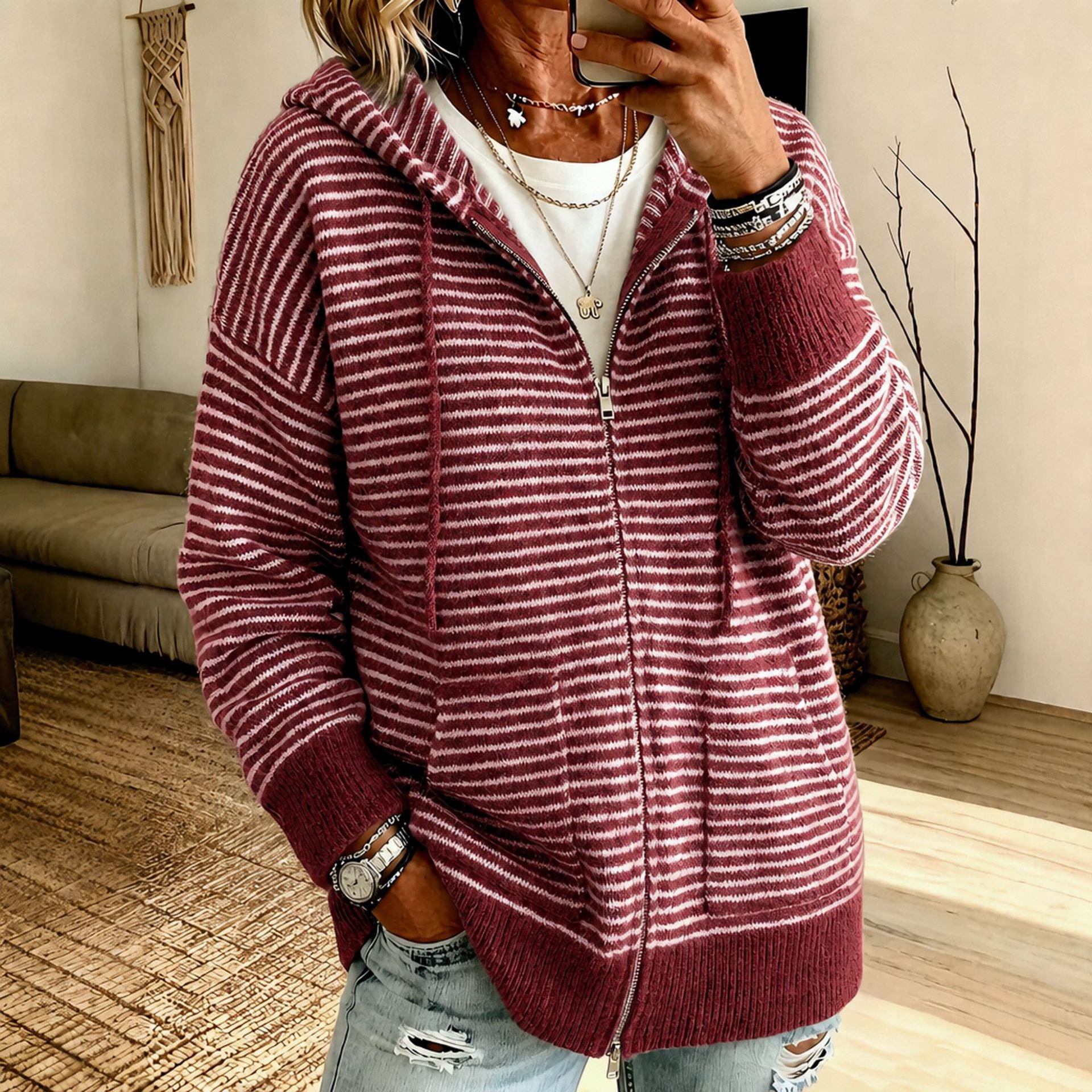 Women's striped cardigan with hood - Soft and casual