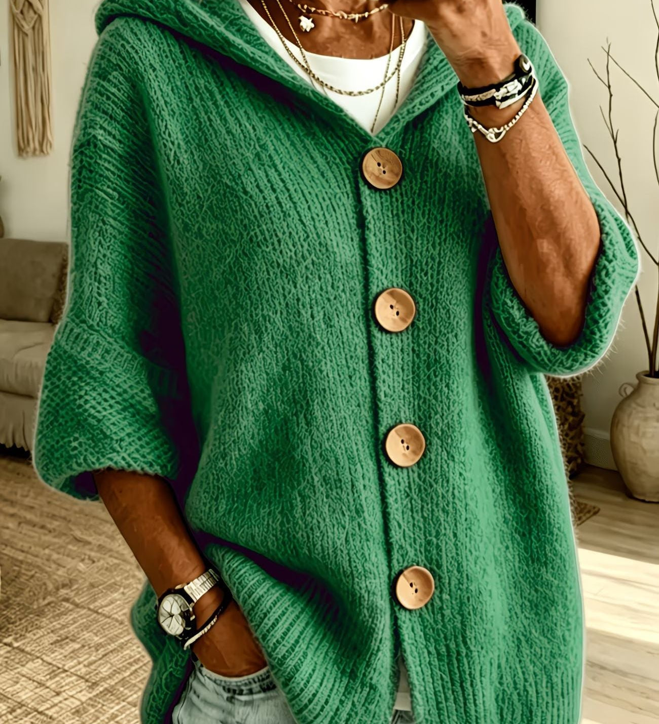 Women's Solid Colour Hooded Cardigan – Casual Long Sleeve Sweater with Buttons