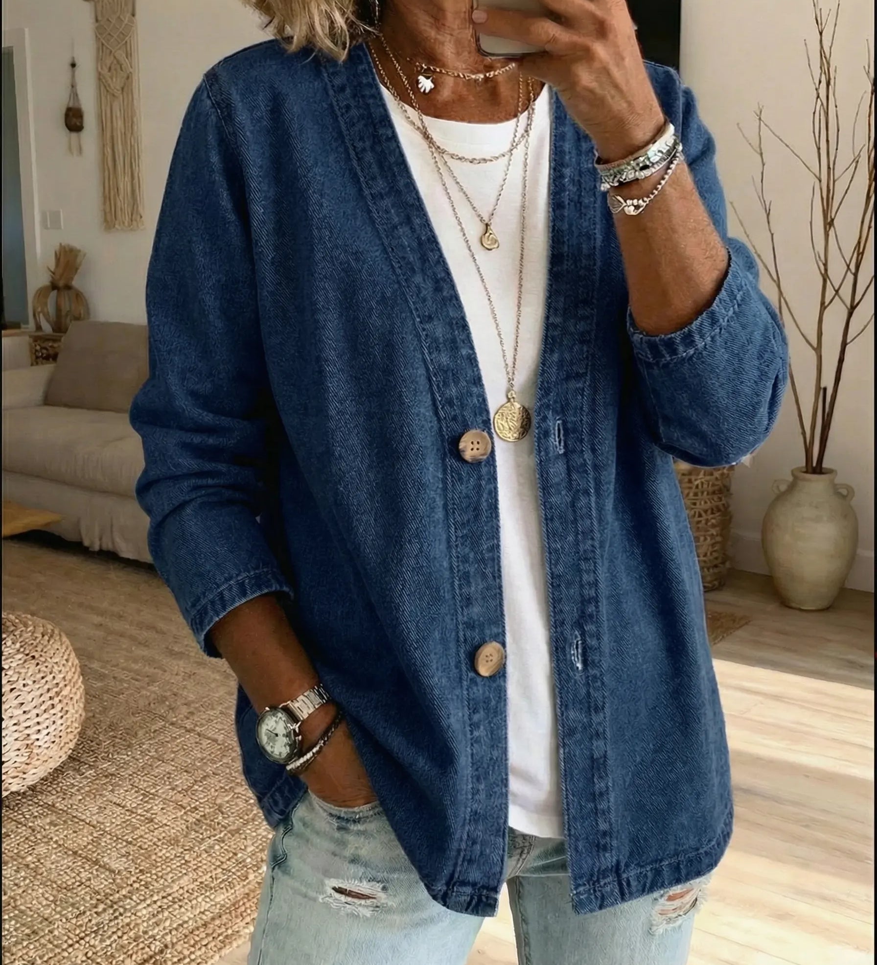 Women's casual button-up denim cardigan – An elegant, relaxed style, ideal for layering every day
