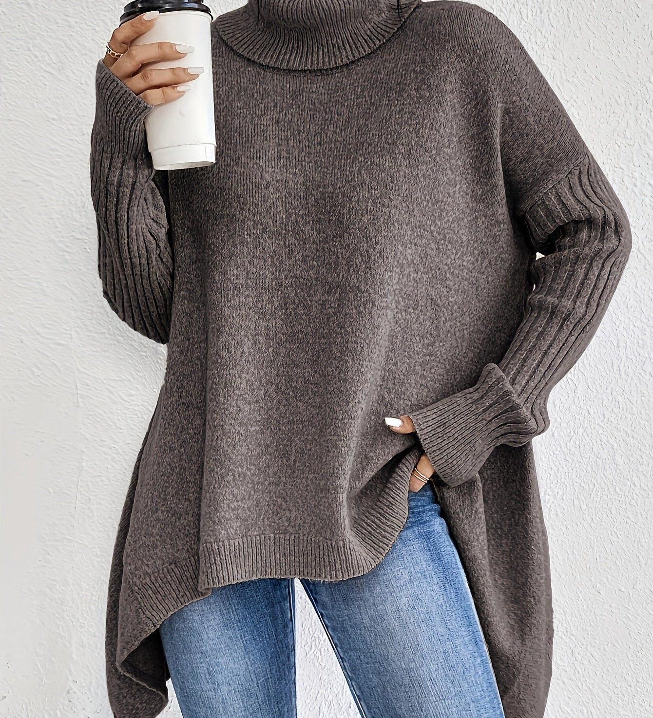 Irregular Turtleneck Sweater for Women – Loose Knitted Sweater with Long Sleeves
