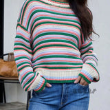 Women's Striped Crew Neck Knit Sweater – Relaxed Fit, Casual and Comfortable Style