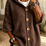 Women's Solid Colour Hooded Cardigan – Casual Long Sleeve Sweater with Buttons