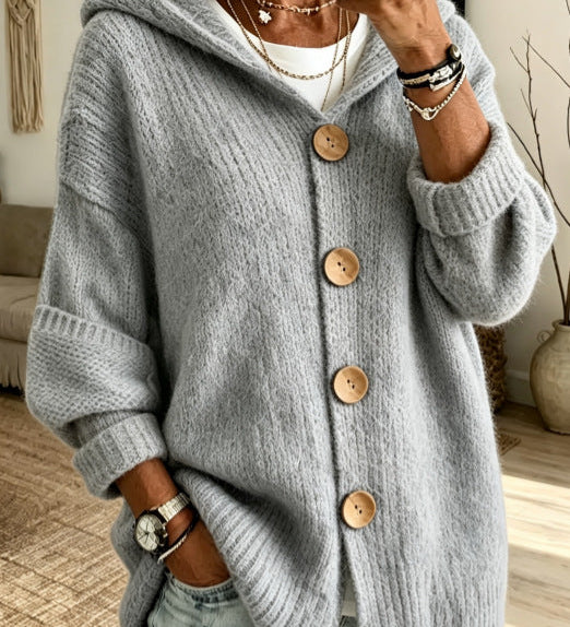 Women's Solid Colour Hooded Cardigan – Casual Long Sleeve Sweater with Buttons