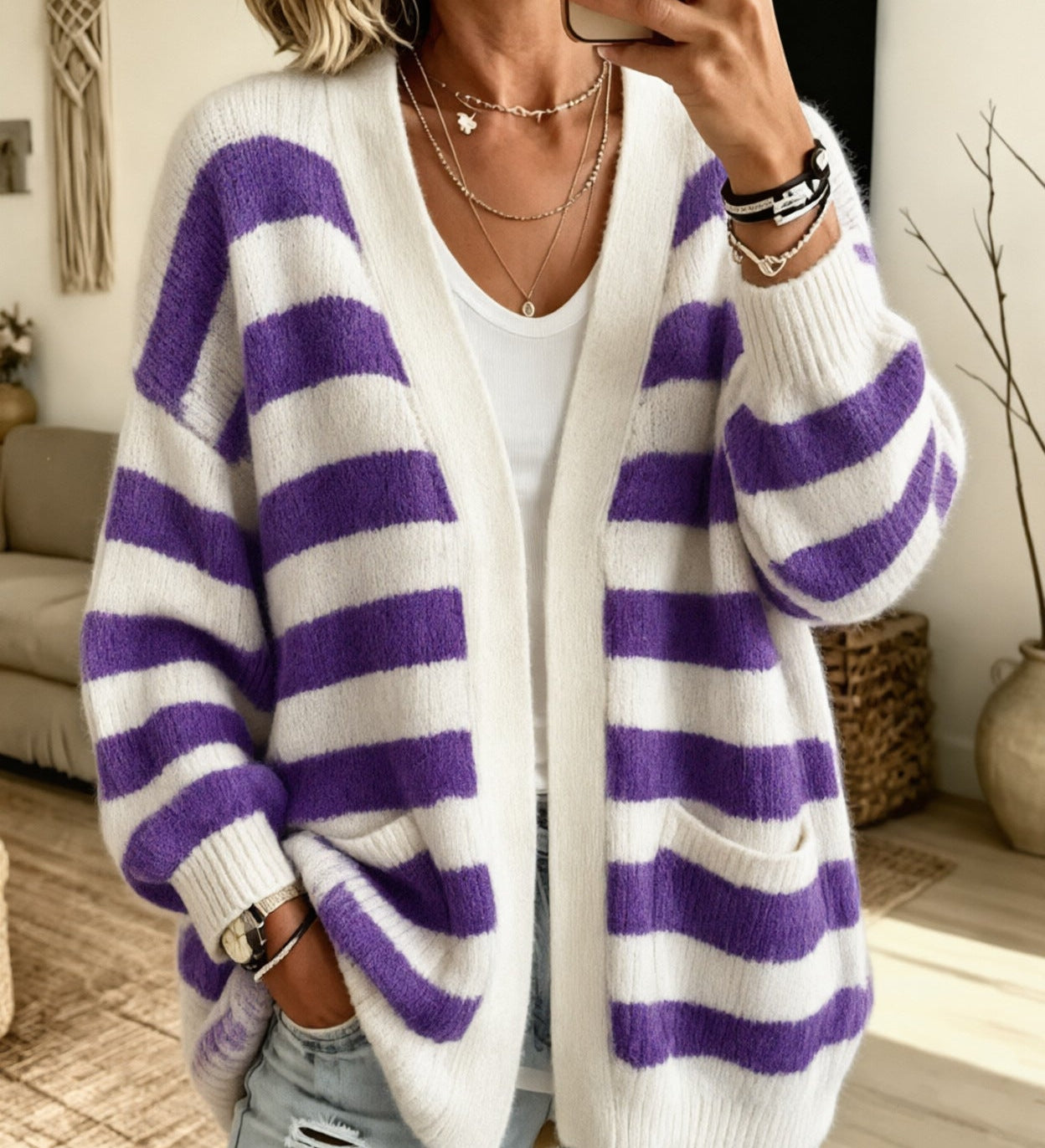 Women's Striped Cardigan with Pockets - Comfortable and Practical