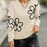 Elegant Women's Sweater with Flower Embroidery – Soft Knit with Round Neck