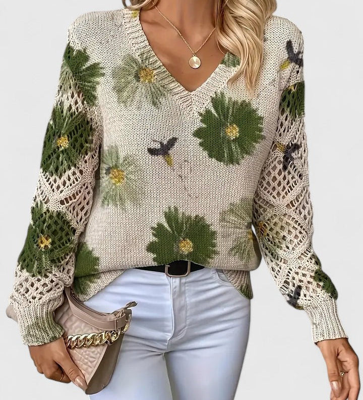 Women's V-Neck Sweater Knitted with Flowers – Modern Elegant Sweater