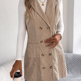 Women's Long Solid Colour Corduroy Gilet Jacket – Casual Double-Breasted Design with Pockets, Ideal for Layered Looks