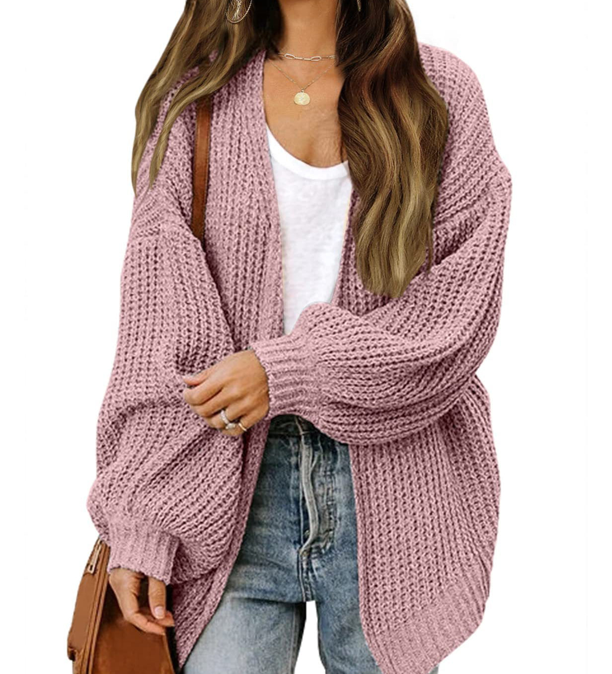 Women's Chunky Knit Cardigan – Oversized Wrap Style with Lantern Sleeves