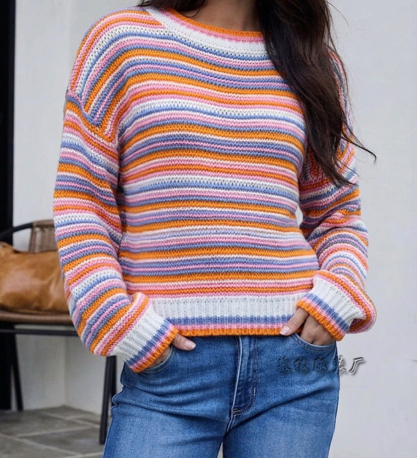Women's Striped Crew Neck Knit Sweater – Relaxed Fit, Casual and Comfortable Style